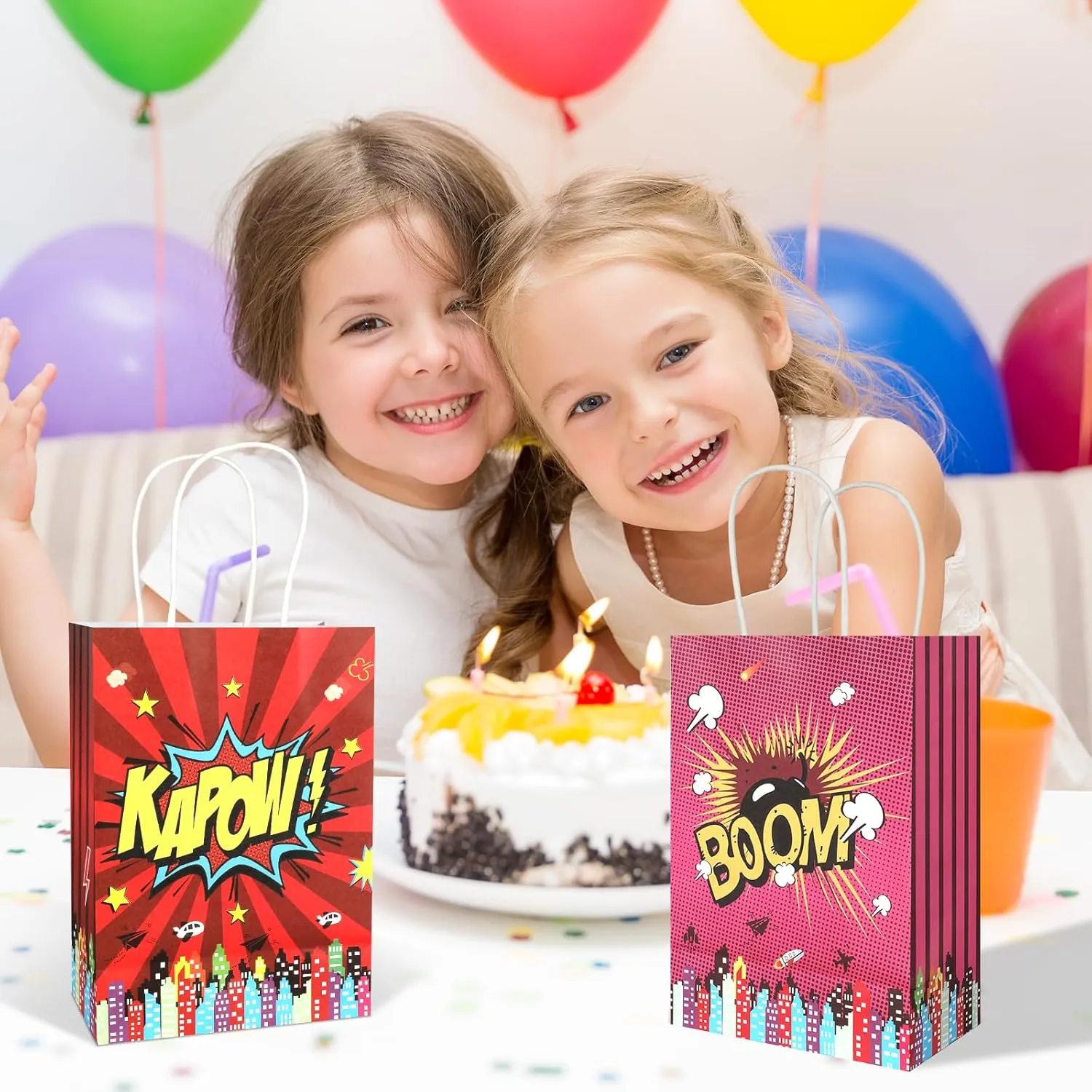 20Pcs Superhero Party Favors Bags with Handles, Comic Hero Kraft Paper Bags for Kids, Goodie Bag Candy Treat Gift Bag for Boom Hero Theme Birthday Baby Shower Party Supplies
