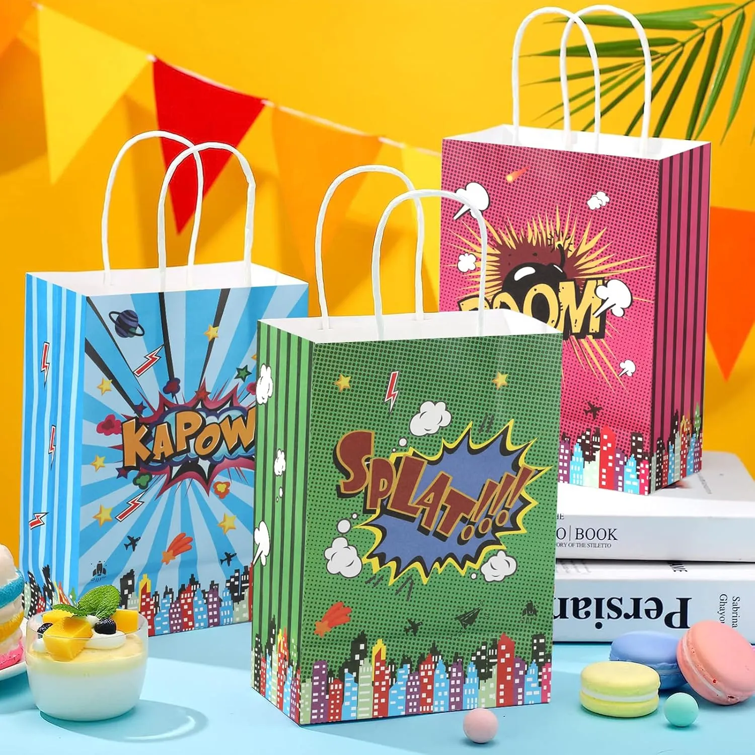 20Pcs Superhero Party Favors Bags with Handles, Comic Hero Kraft Paper Bags for Kids, Goodie Bag Candy Treat Gift Bag for Boom Hero Theme Birthday Baby Shower Party Supplies