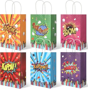 20Pcs Superhero Party Favors Bags with Handles, Comic Hero Kraft Paper Bags for Kids, Goodie Bag Candy Treat Gift Bag for Boom Hero Theme Birthday Baby Shower Party Supplies