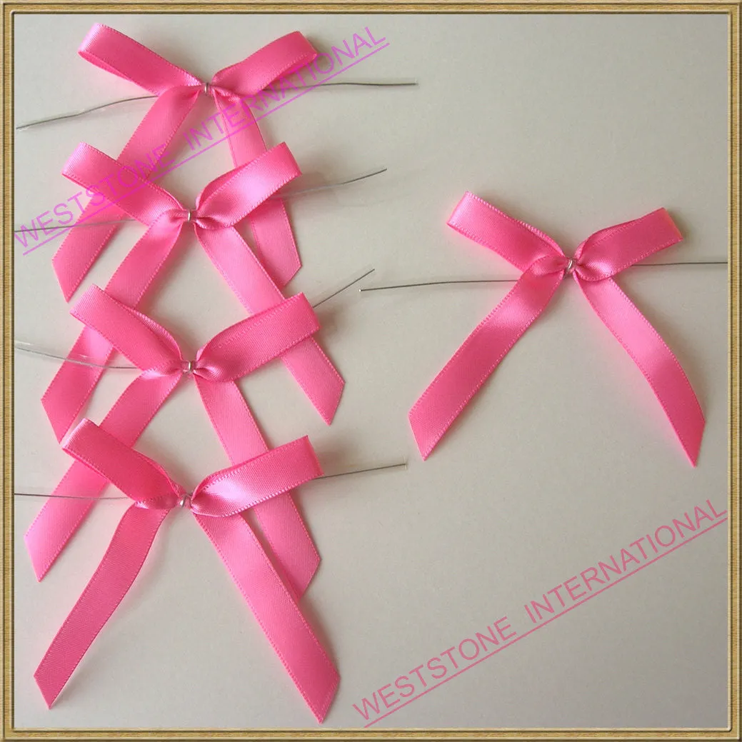 25 Solid Pink Satin Pre-Tied Ribbon Bow for cello bag in wedding and Party