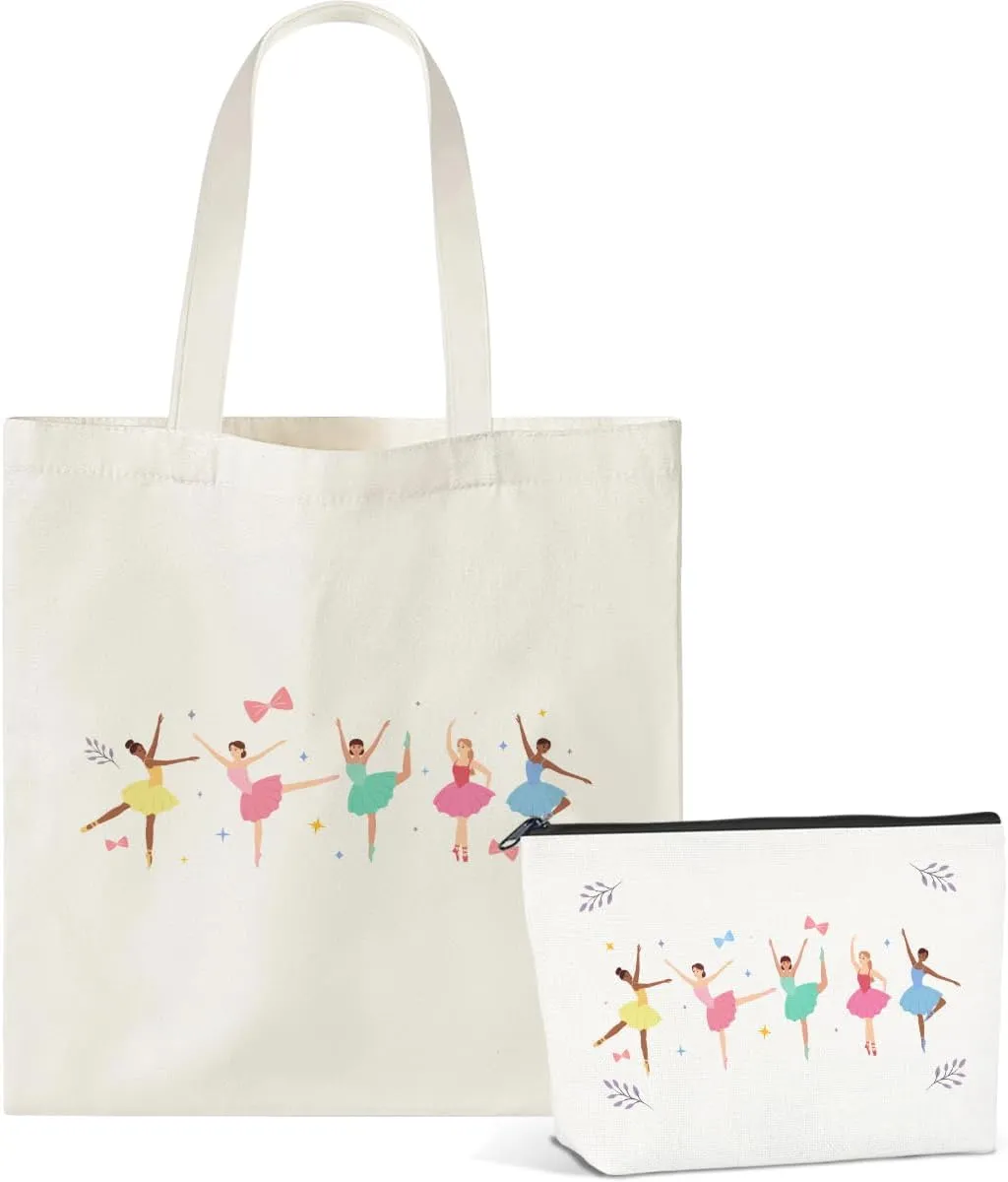 2Pcs Dance Tote Bag Makeup Bag Gifts for Dancers, Ballet Gifts Dance Gifts Dance Lover Gift Dance Recital Dance Sister Dance Teacher Appreciation Gift for Women Ballet Coach Instructor