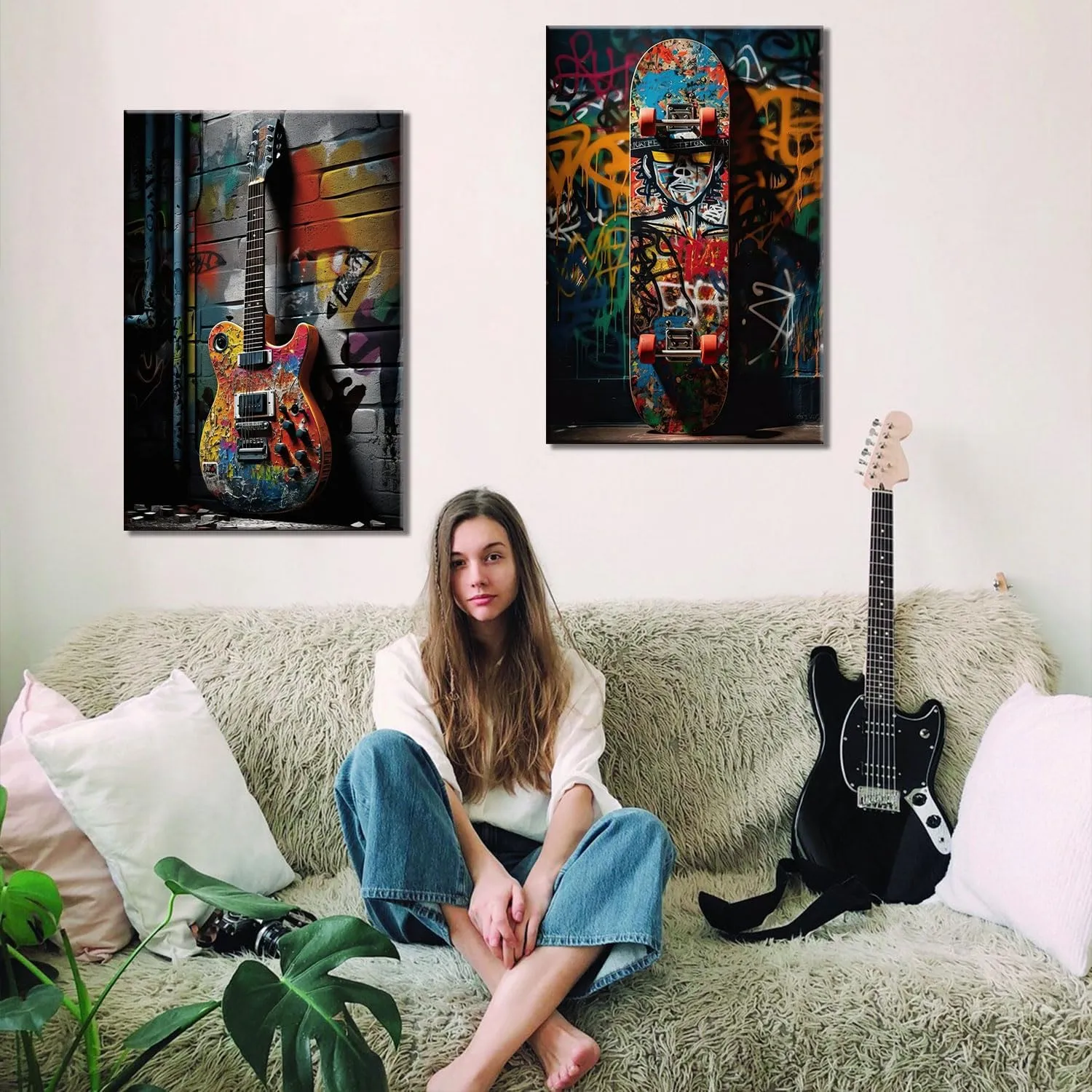 2pcs Framed Street Graffiti Canvas Wall Art Hip Hop Pop Banksy Pictures Posters Paintings Prints Teen Boys Room Wall Decor Modern Cool Skateboard Guitar Artwork for Man Cave Living Room 12x16inX2