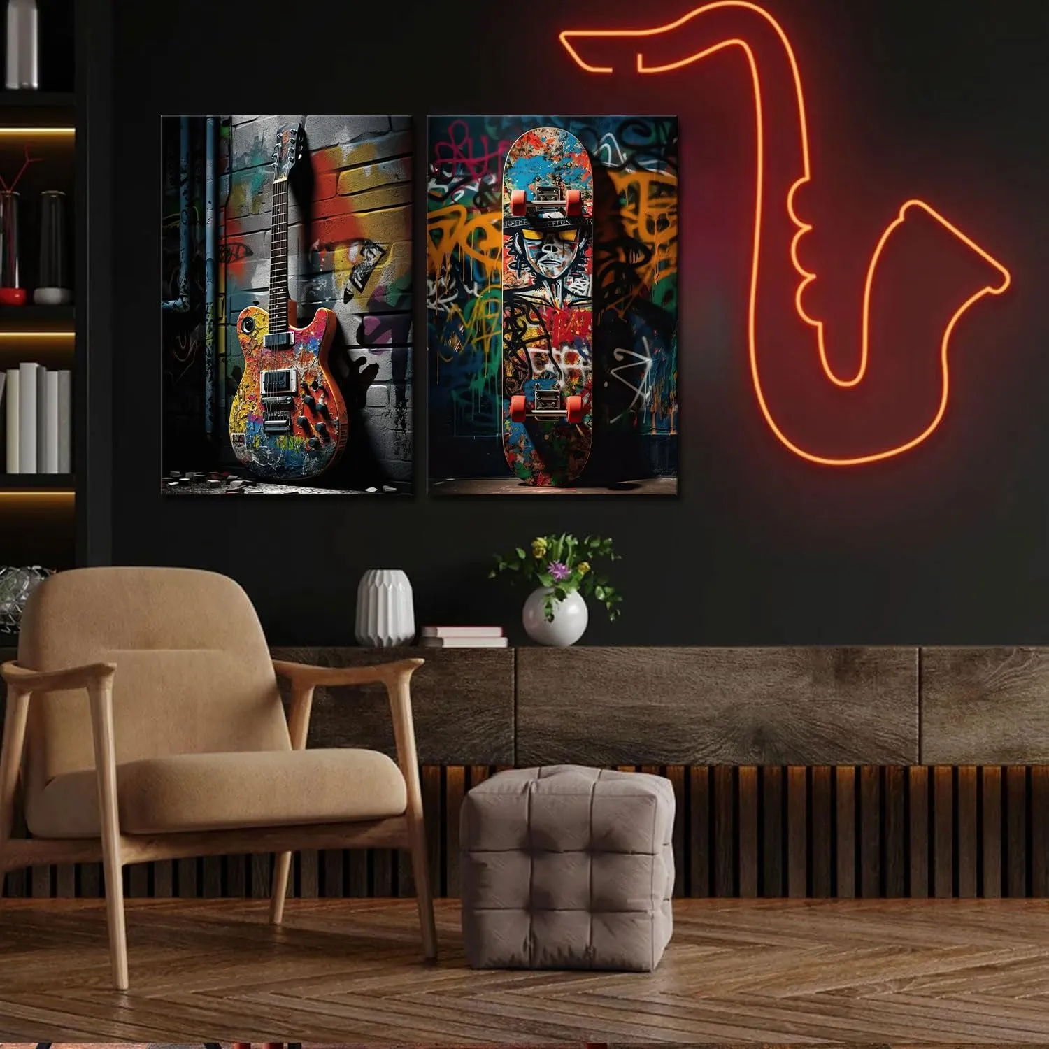 2pcs Framed Street Graffiti Canvas Wall Art Hip Hop Pop Banksy Pictures Posters Paintings Prints Teen Boys Room Wall Decor Modern Cool Skateboard Guitar Artwork for Man Cave Living Room 12x16inX2