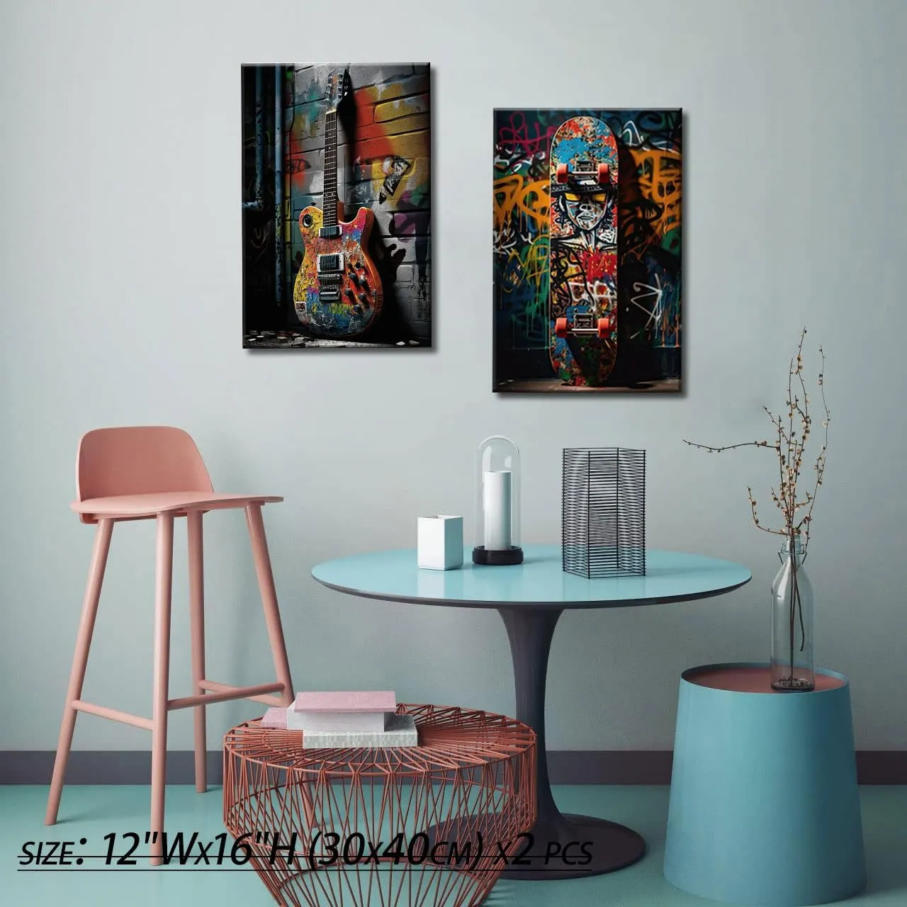 2pcs Framed Street Graffiti Canvas Wall Art Hip Hop Pop Banksy Pictures Posters Paintings Prints Teen Boys Room Wall Decor Modern Cool Skateboard Guitar Artwork for Man Cave Living Room 12x16inX2