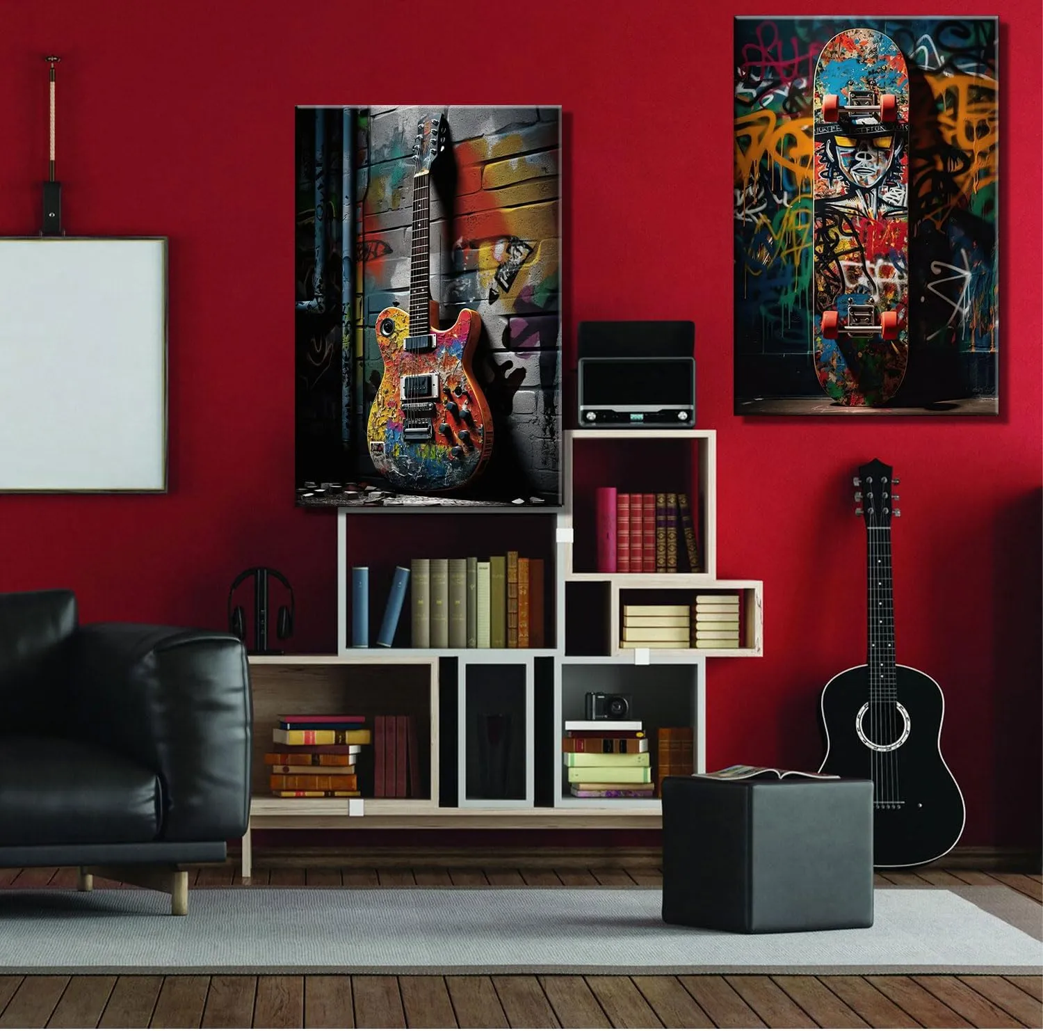 2pcs Framed Street Graffiti Canvas Wall Art Hip Hop Pop Banksy Pictures Posters Paintings Prints Teen Boys Room Wall Decor Modern Cool Skateboard Guitar Artwork for Man Cave Living Room 12x16inX2