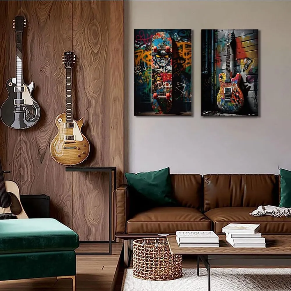 2pcs Framed Street Graffiti Canvas Wall Art Hip Hop Pop Banksy Pictures Posters Paintings Prints Teen Boys Room Wall Decor Modern Cool Skateboard Guitar Artwork for Man Cave Living Room 12x16inX2