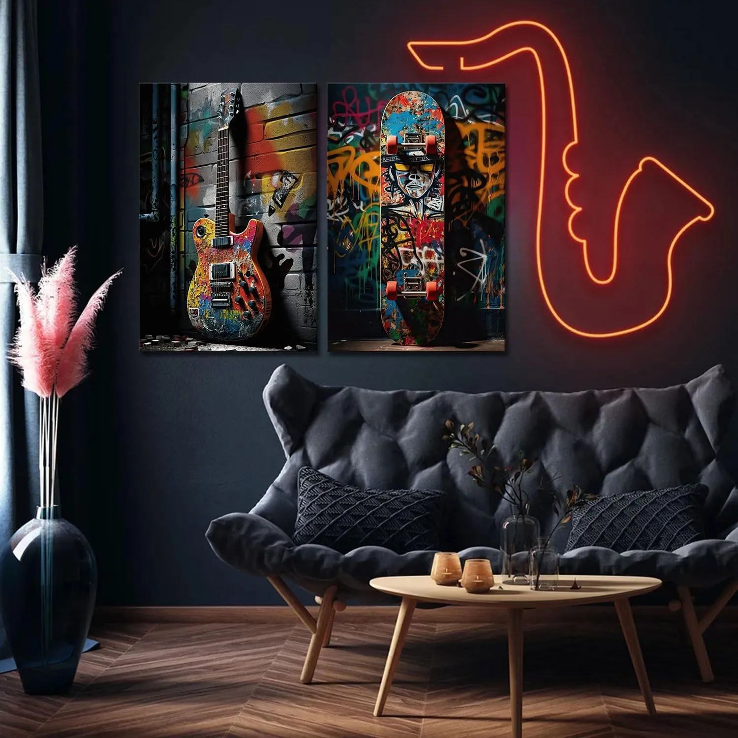 2pcs Framed Street Graffiti Canvas Wall Art Hip Hop Pop Banksy Pictures Posters Paintings Prints Teen Boys Room Wall Decor Modern Cool Skateboard Guitar Artwork for Man Cave Living Room 12x16inX2