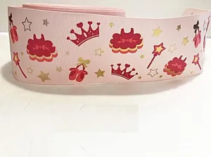 3 inch Grosgrain Ribbon Gold Foil Pink Ballet Dress, Wand, Shoe and Crown for Ballerina on Pink Printed are for Hair Bows Crafts Gifts and More. Zero Shipping. First Class. (5 Yards)
