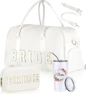 3 Pcs Bride Duffle Bag with Shoes Compartment Wedding Weekender Chenille Letter Makeup Bag, Bride Stainless Steel Tumbler for Bride Gifts, Wedding Emergency Tote Bag Kit for Bride