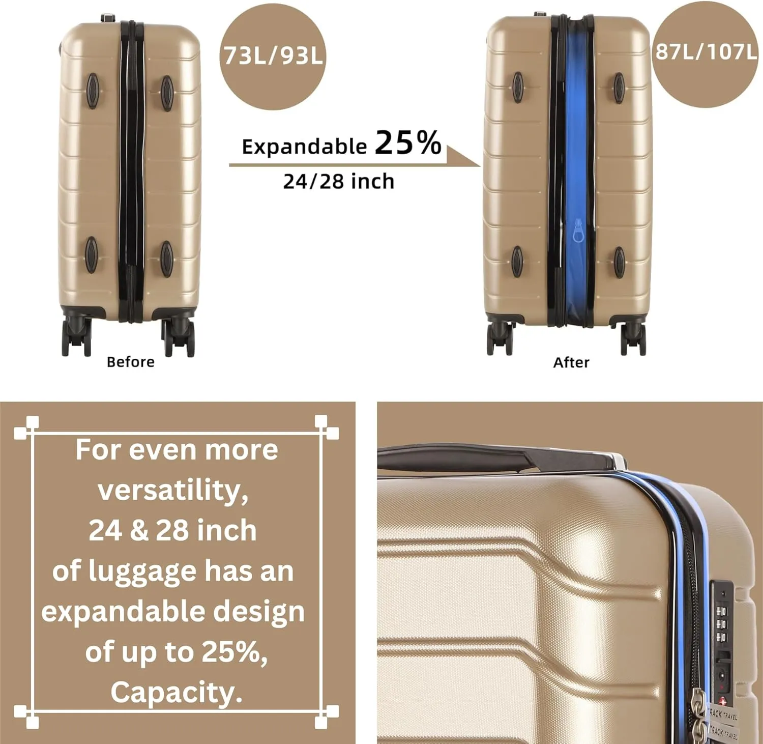 3 Piece Luggage Set ABS PC Expandable Hardshell TSA Lock Aluminum Trolley Spinner Wheels (Champagne, 3 Piece Set)