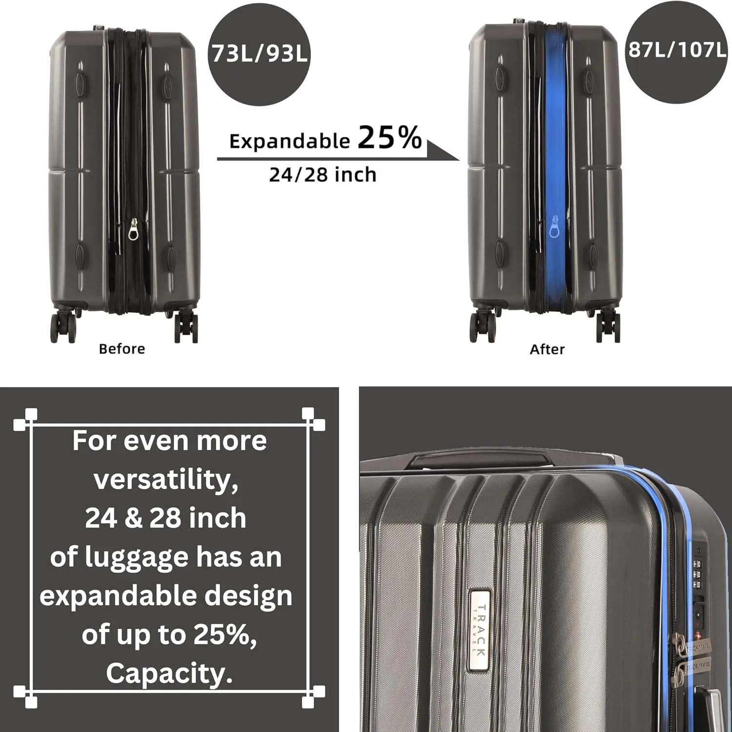 3 Piece Luggage Set ABS PC Expandable Hardshell TSA Lock Aluminum Trolley Spinner Wheels (Dark Grey, 3 Piece Set)