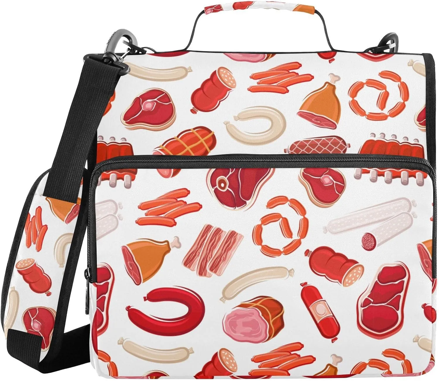 3 Ring Zipper Binder Pork Beef Sausages 500 Sheets Capacity Binder Organizer Bag with Shoulder Strap and Handle for School Office College Students