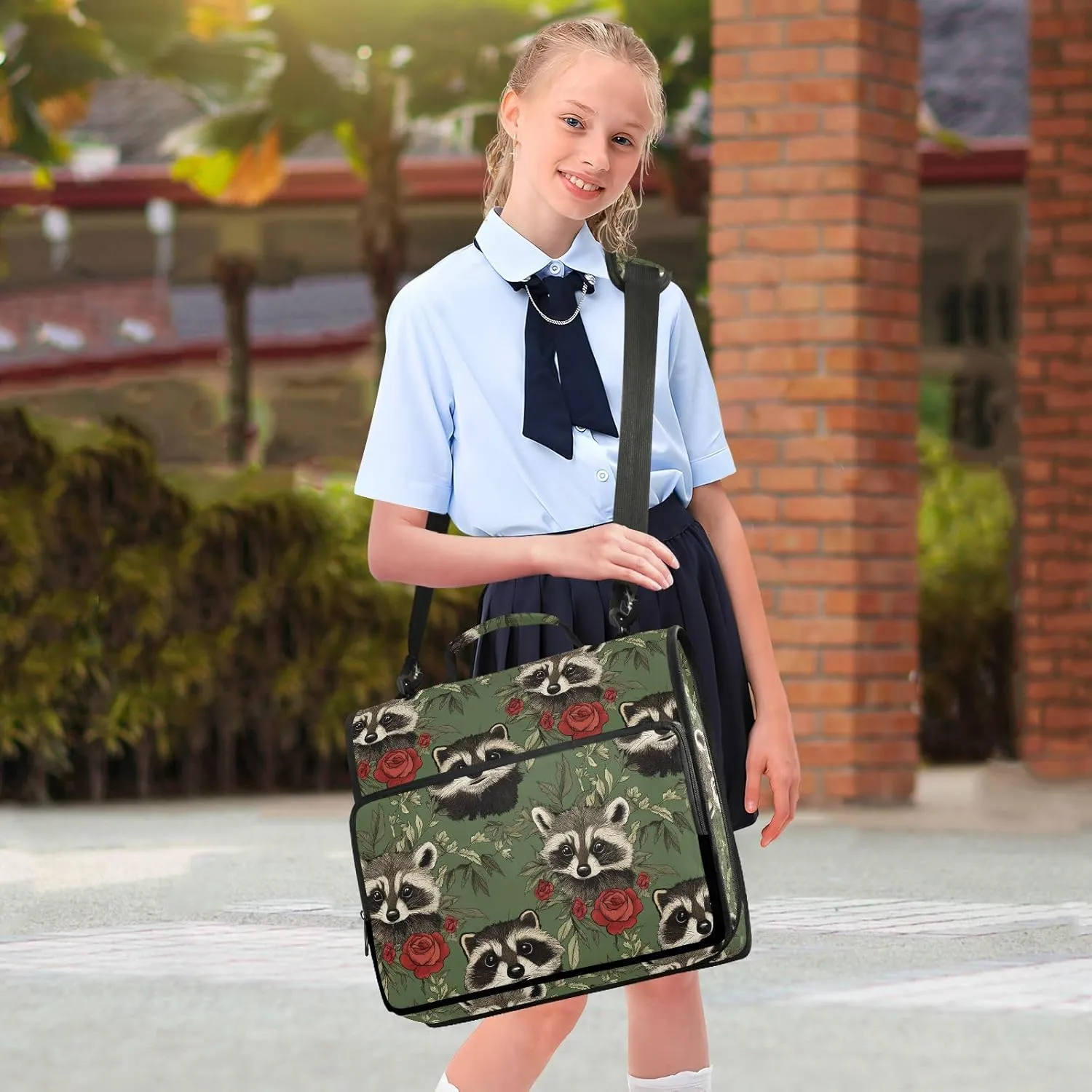 3 Rings Binder Zipper with Shoulder Strap Multiple Pockets Portable Portfolio for Office School Art Raccoon