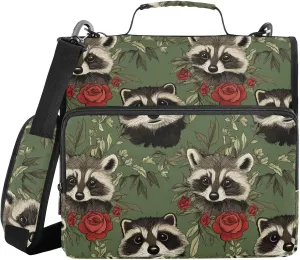 3 Rings Binder Zipper with Shoulder Strap Multiple Pockets Portable Portfolio for Office School Art Raccoon