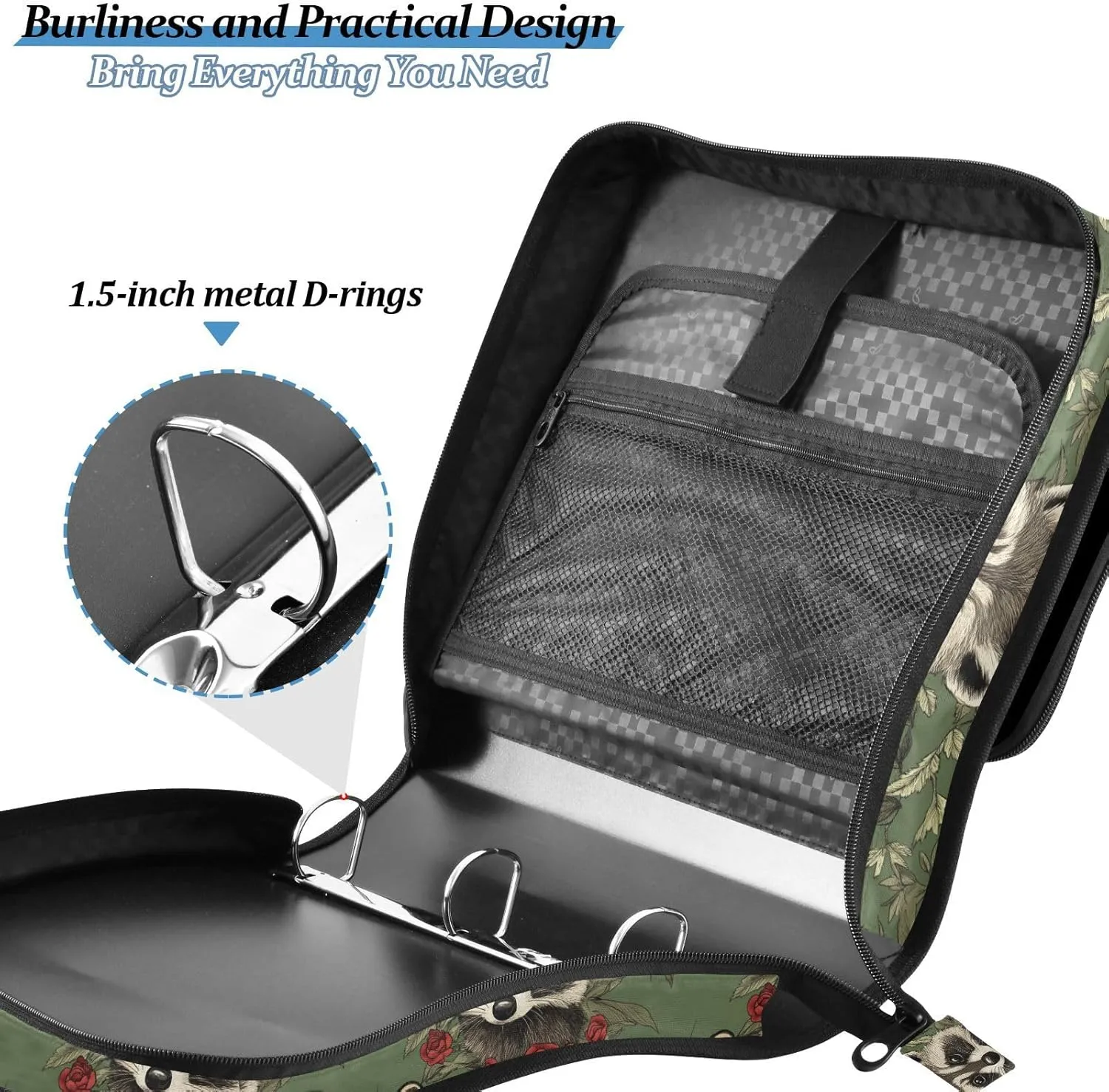 3 Rings Binder Zipper with Shoulder Strap Multiple Pockets Portable Portfolio for Office School Art Raccoon