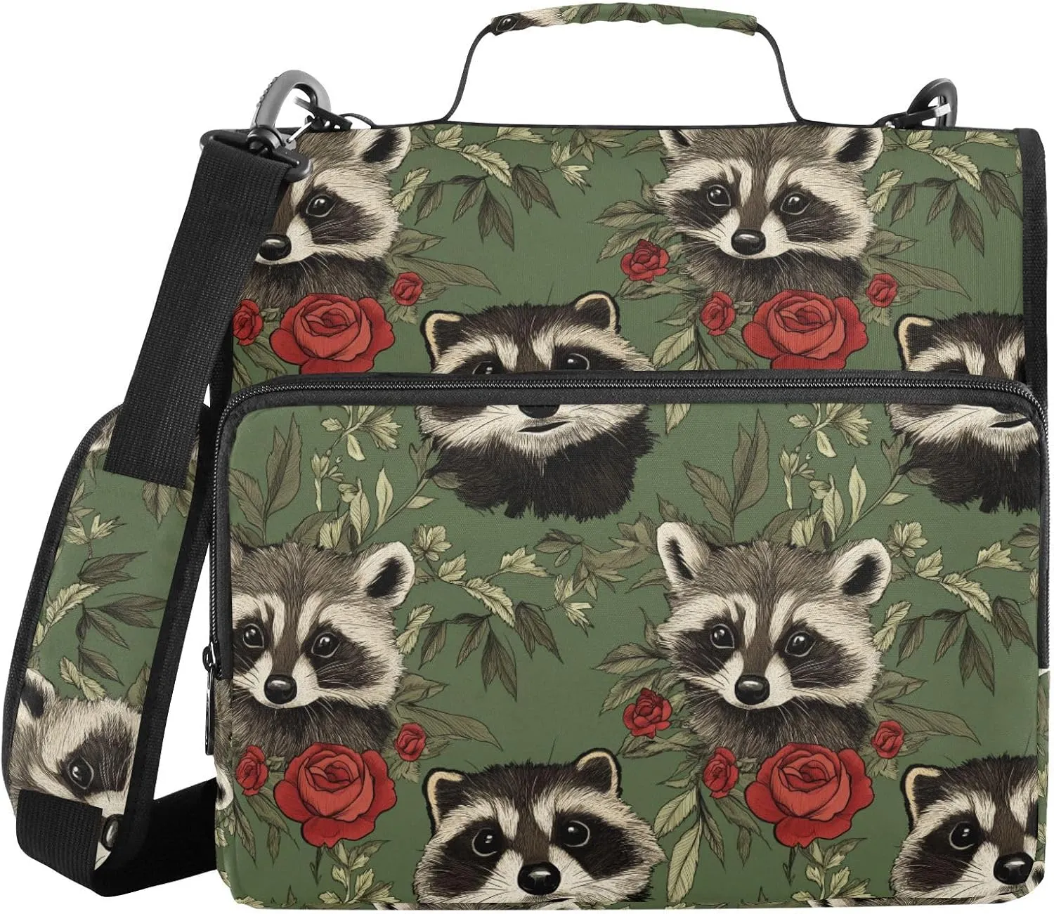 3 Rings Binder Zipper with Shoulder Strap Multiple Pockets Portable Portfolio for Office School Art Raccoon