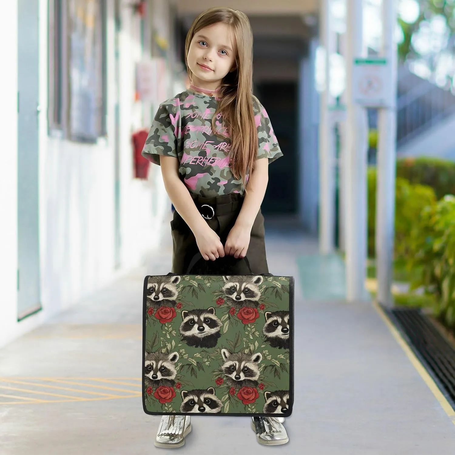 3 Rings Binder Zipper with Shoulder Strap Multiple Pockets Portable Portfolio for Office School Art Raccoon