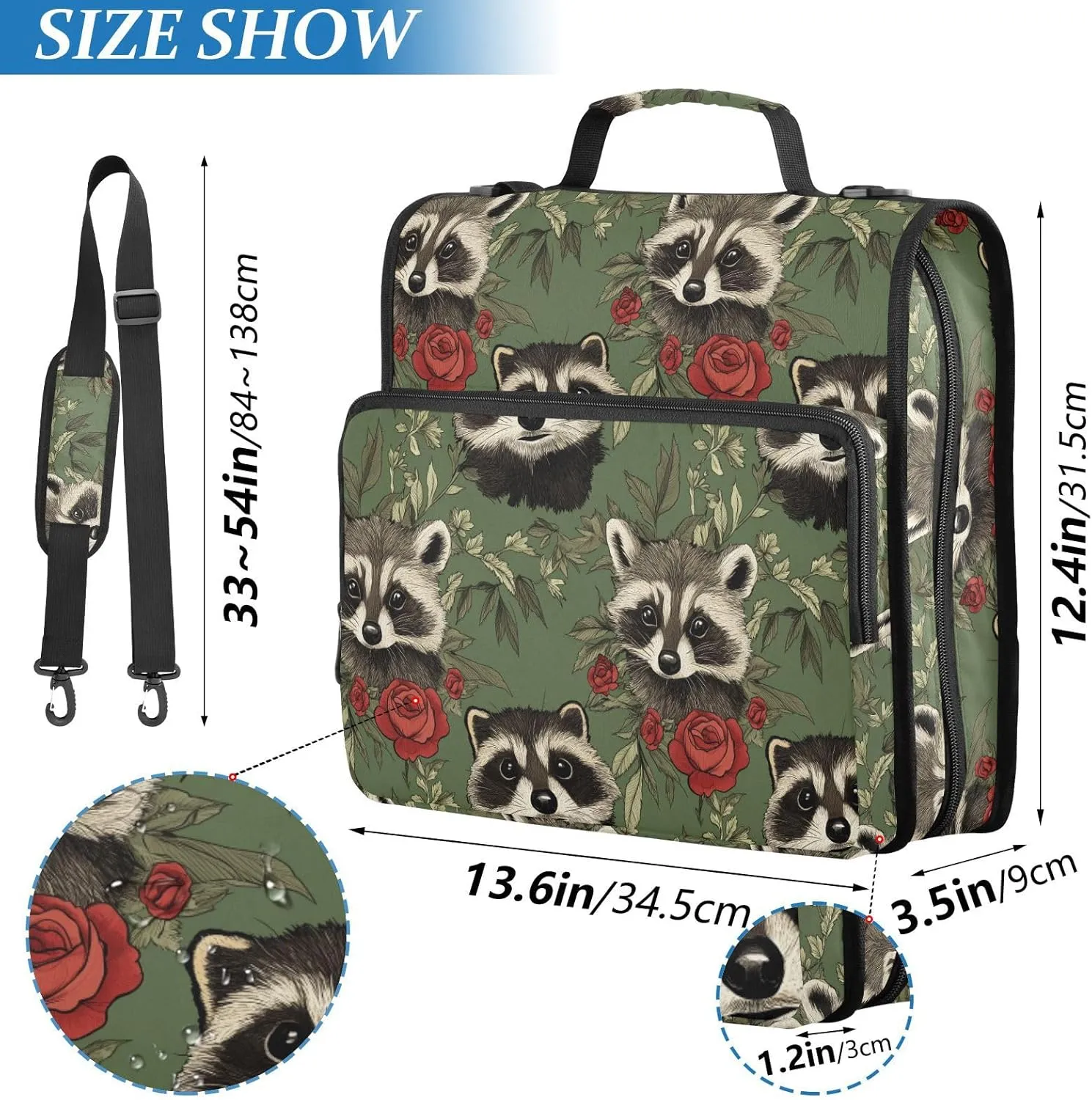 3 Rings Binder Zipper with Shoulder Strap Multiple Pockets Portable Portfolio for Office School Art Raccoon