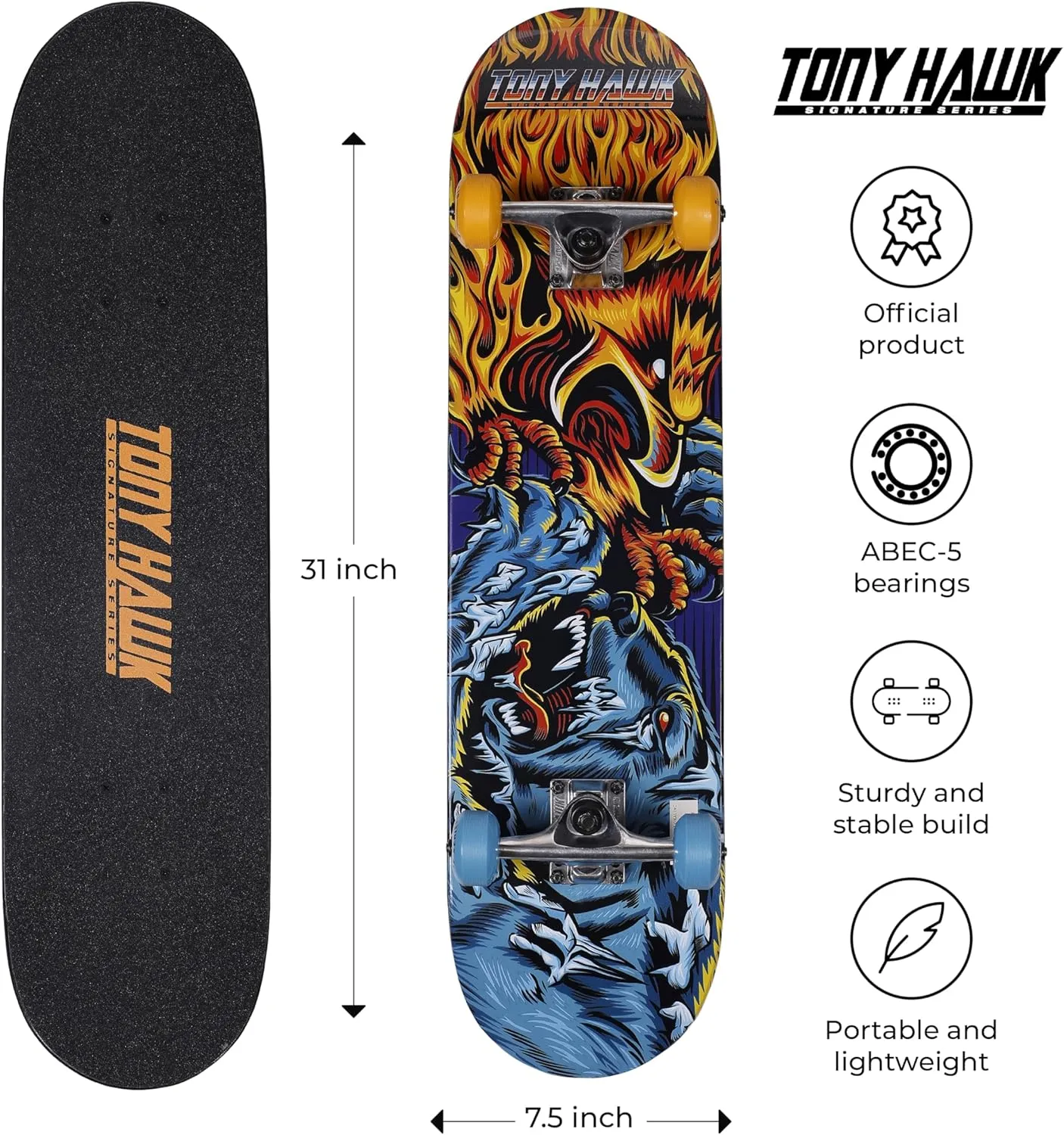 31" Skateboard - Signature Series 3 Skateboard with Pro Trucks, Full Grip Tape, 9-Ply Maple Deck, Ideal for All Experience Levels