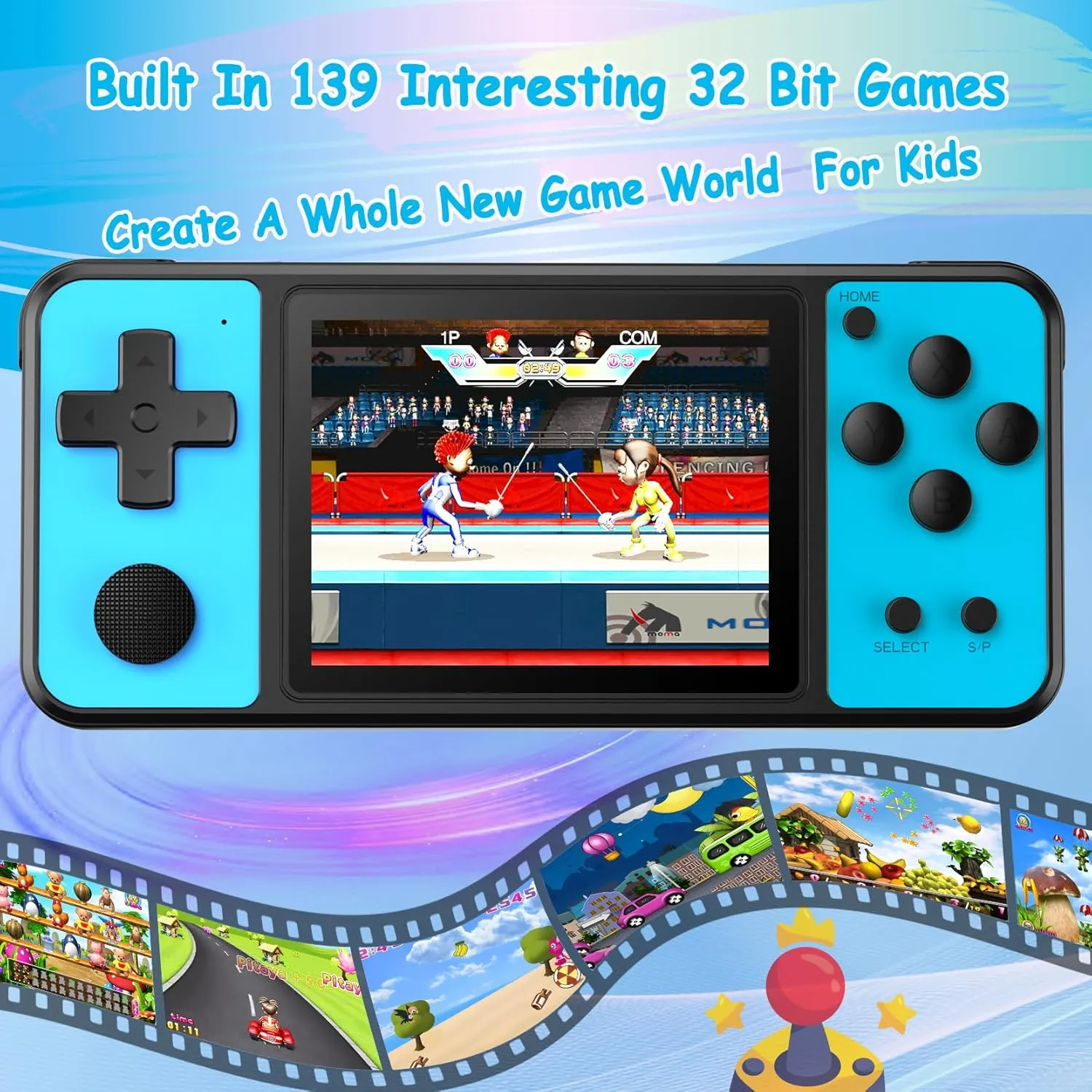32 Bit Handheld Games for Kids Built-in 139 Video Games, 3.0" IPS Screen Rechargeable Travel Toys for Ages 4-13, Mini Electronic Gaming Player Xmas Birthday Gifts for Boys Girls (Blue)