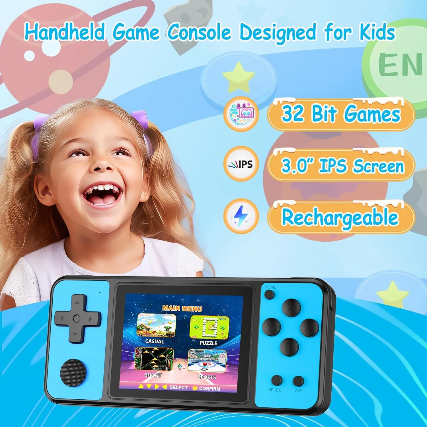32 Bit Handheld Games for Kids Built-in 139 Video Games, 3.0" IPS Screen Rechargeable Travel Toys for Ages 4-13, Mini Electronic Gaming Player Xmas Birthday Gifts for Boys Girls (Blue)