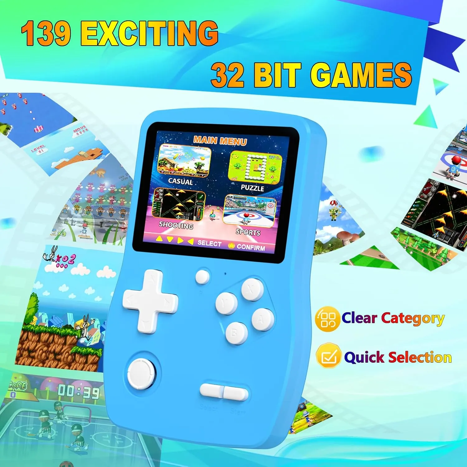 32 Bit Handheld Games for Kids Preloaded 139 Video Games, Portable Video Gaming Player with 3.0" IPS Screen and Rechargeable Battery, Mini Travel Games Electronic Gifts Toys for Boys Girls, Blue