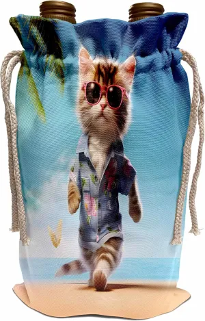 3dRose Cool kitten on a beach in holiday attire - Wine Bags (wbg-385463-1)