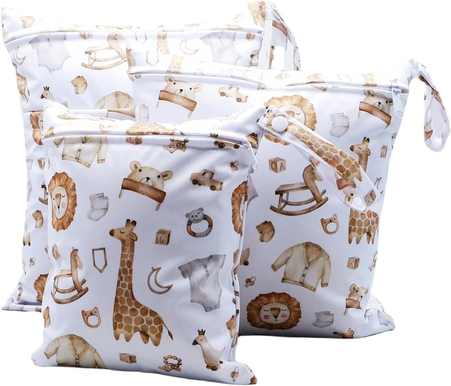 3pcs Cloth Diaper Wet Dry Bags Waterproof Reusable with Two Zippered Pockets Travel Beach Pool Daycare Soiled Baby Items Yoga Gym Bag for Swimsuits or Wet Clothes (3036-3-whiteGiraffe)
