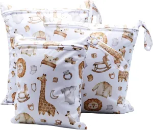 3pcs Cloth Diaper Wet Dry Bags Waterproof Reusable with Two Zippered Pockets Travel Beach Pool Daycare Soiled Baby Items Yoga Gym Bag for Swimsuits or Wet Clothes (3036-3-whiteGiraffe)