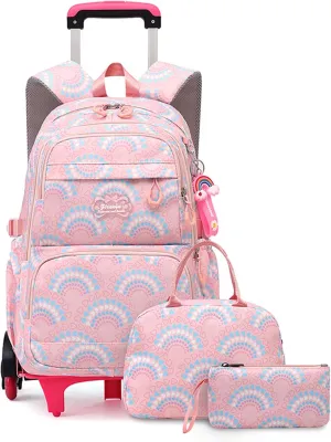 3PCS Girls Rolling Backpack Elementary Student Schoolbag Travel Trolley Bag Wheeled Bookbag with Lunch Box