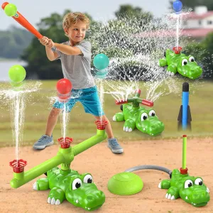 4-in-1 Summer Outdoor Sprinkler Spray Water Toys,360° Rotating Sprinkler/Hydro Baseball /3-Spout Slugger/Stomp Rocket Lawn Backyard Pool Party Outside Game for Kids Toddlers Ages 3-5 4-8