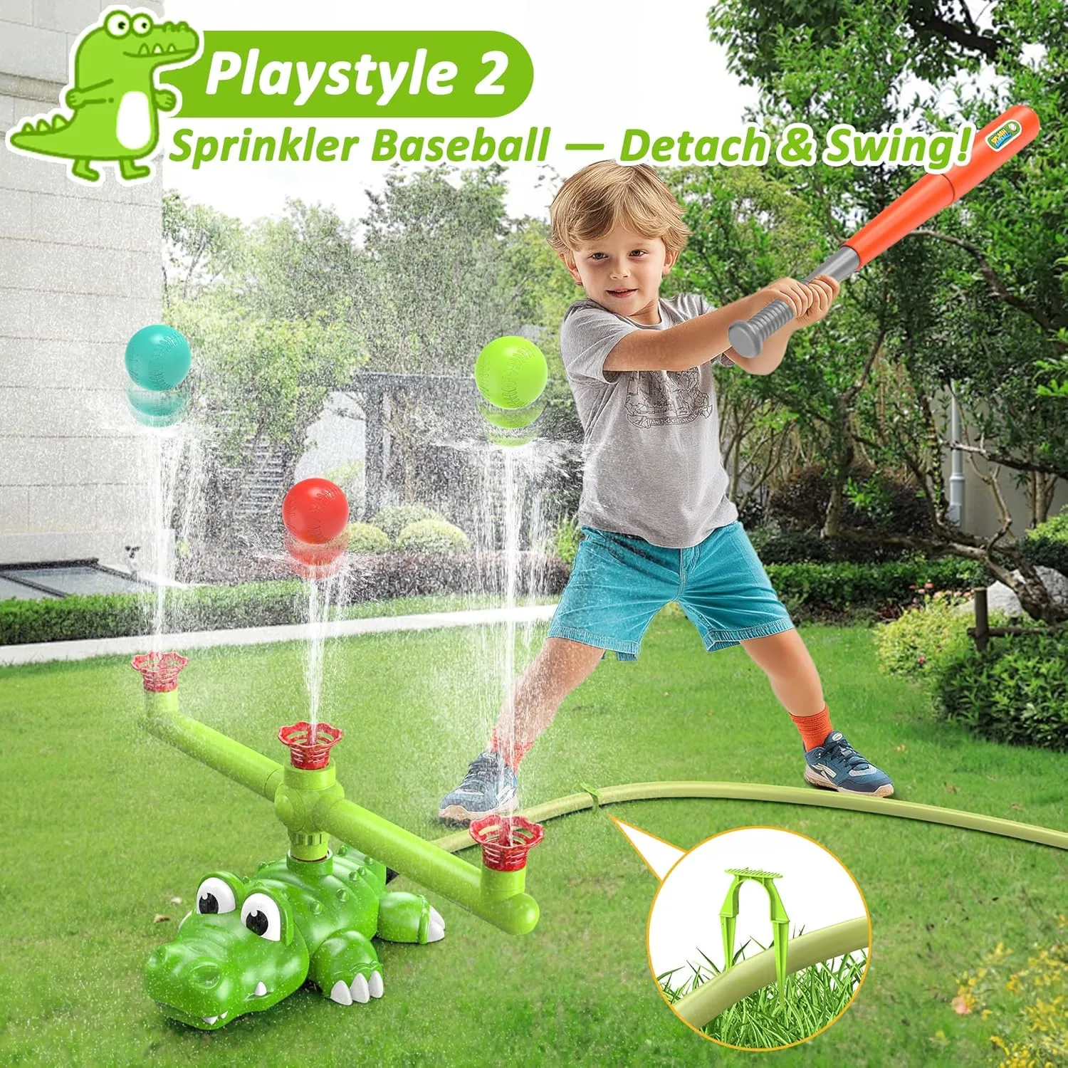 4-in-1 Summer Outdoor Sprinkler Spray Water Toys,360° Rotating Sprinkler/Hydro Baseball /3-Spout Slugger/Stomp Rocket Lawn Backyard Pool Party Outside Game for Kids Toddlers Ages 3-5 4-8