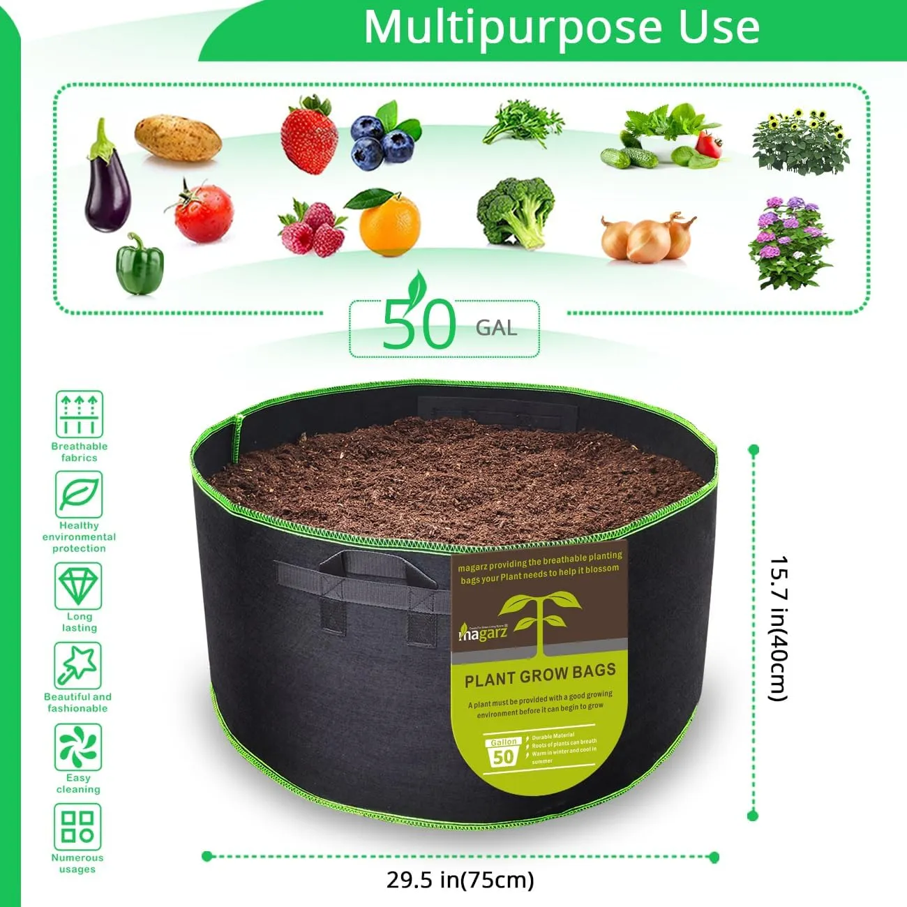 4-Pack 50 Gallon Fabric Flower Pots Garden Felt Grow Bags with Handle (Black)