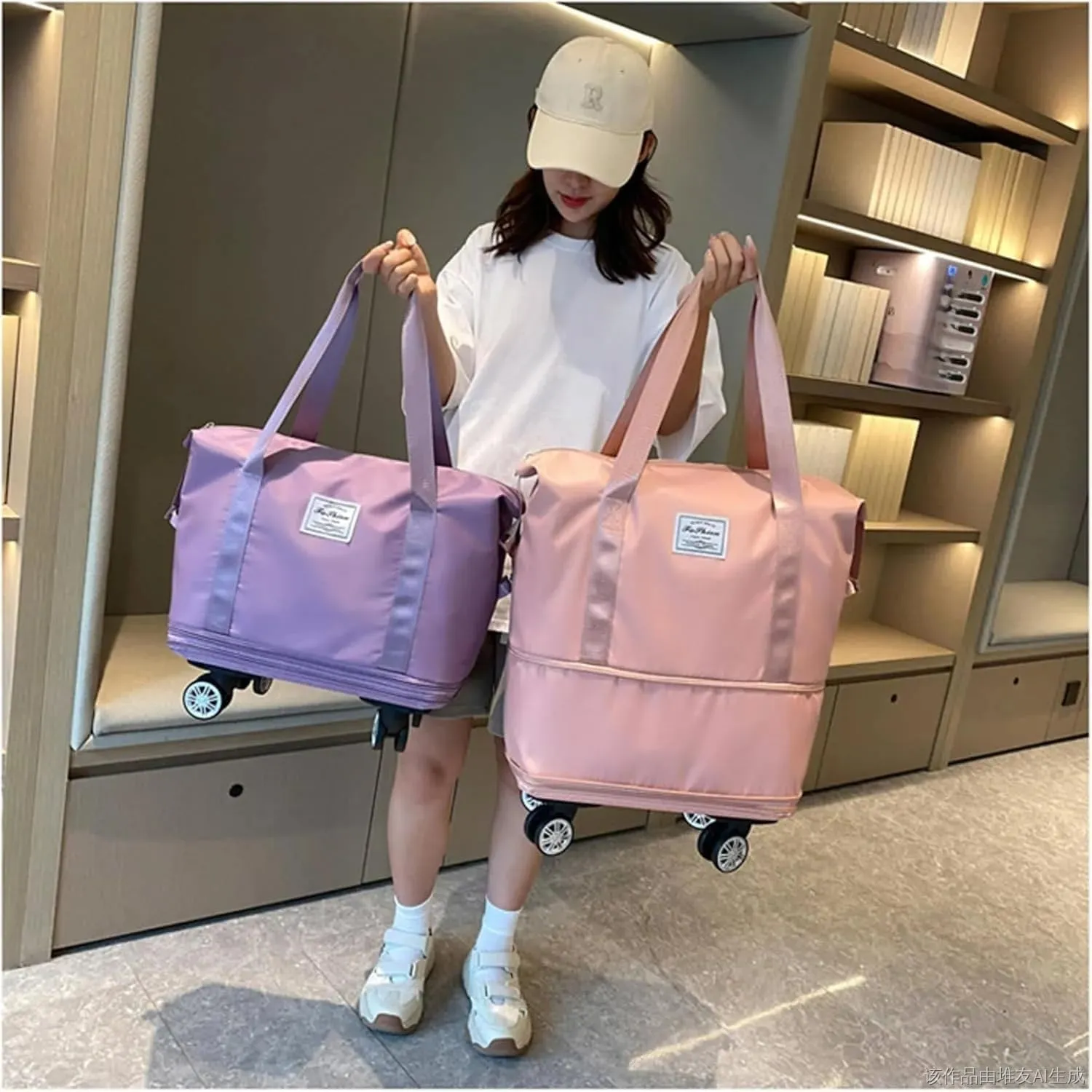 40 L Klarson Expandable Bag with Wheels, Klarson Travel Bag, Large Capacity Dry and Wet Separation Storage Luggage Bag, Three-Layer Expandable, Waterproof and Wear-Resistant (Fuchsia)