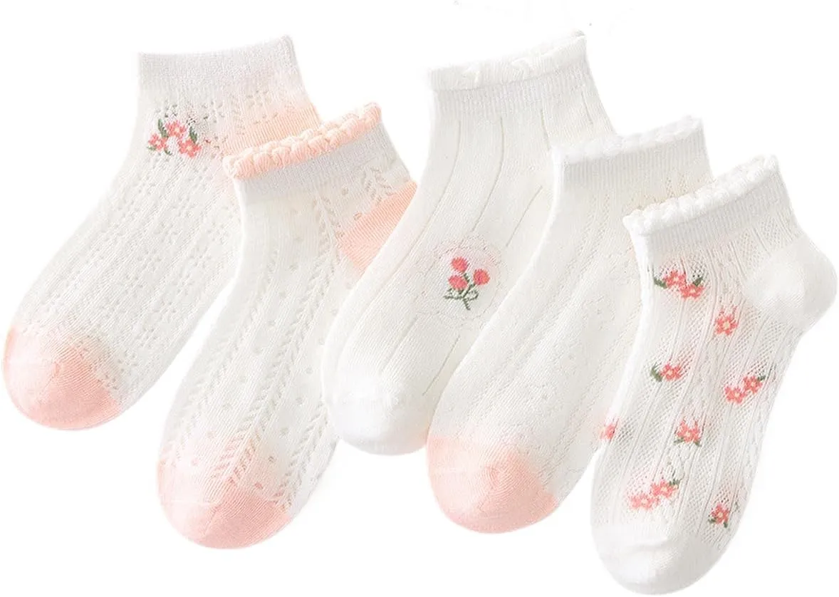 5 Pairs Lolita Kids Socks - Breathable Cotton Summer Socks for Girls - Cute Lace Trim, Anti-Slip