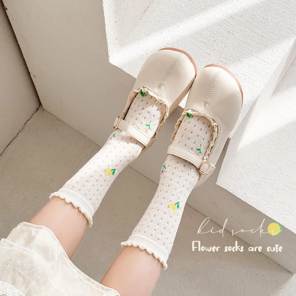 5 Pairs Lolita Kids Socks - Breathable Cotton Summer Socks for Girls - Cute Lace Trim, Anti-Slip