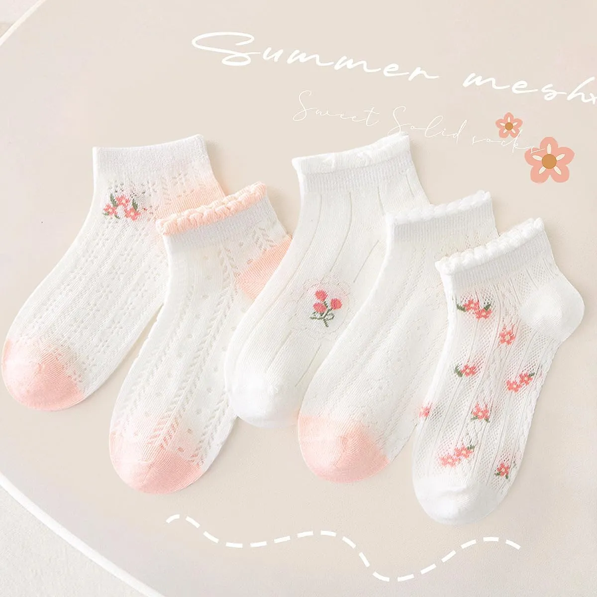 5 Pairs Lolita Kids Socks - Breathable Cotton Summer Socks for Girls - Cute Lace Trim, Anti-Slip