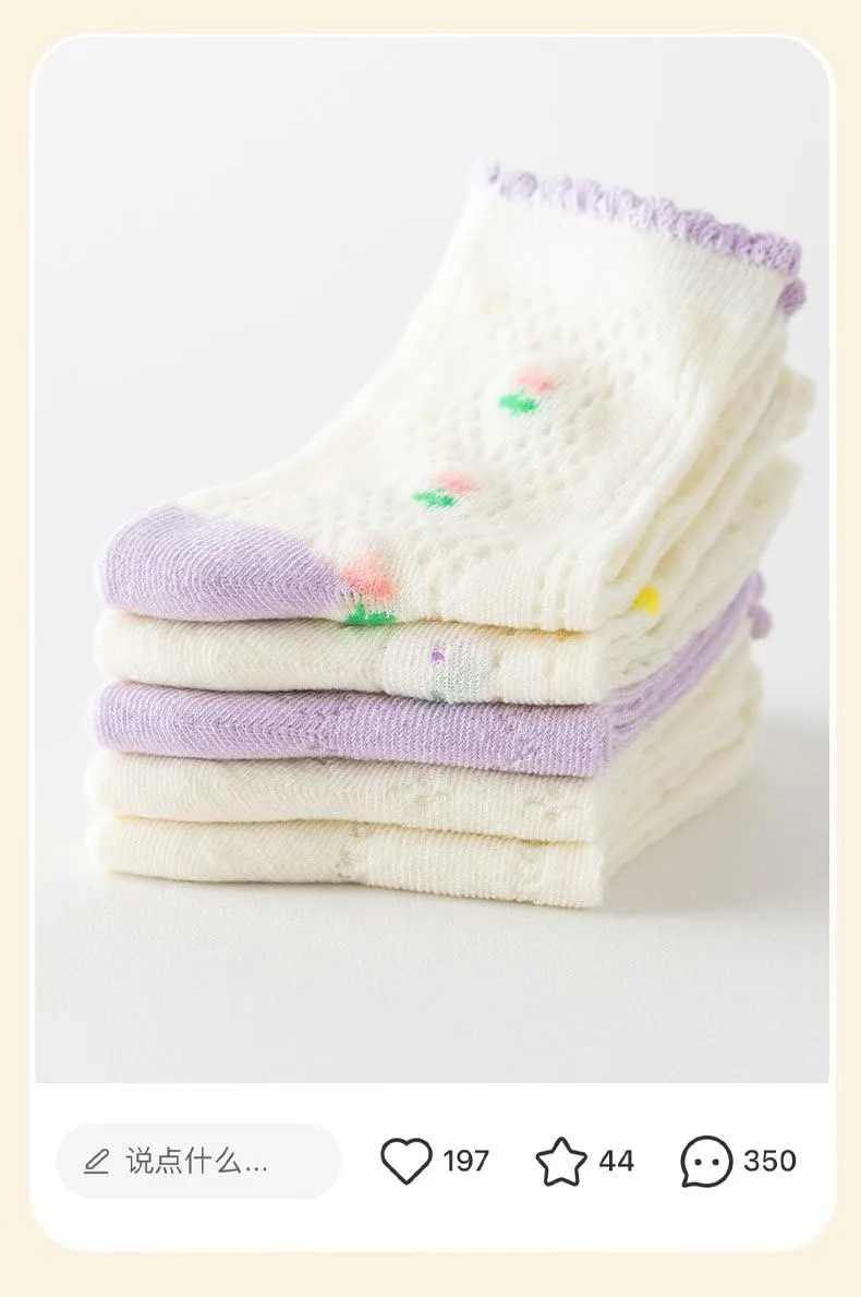 5 Pairs Lolita Kids Socks - Breathable Cotton Summer Socks for Girls - Cute Lace Trim, Anti-Slip