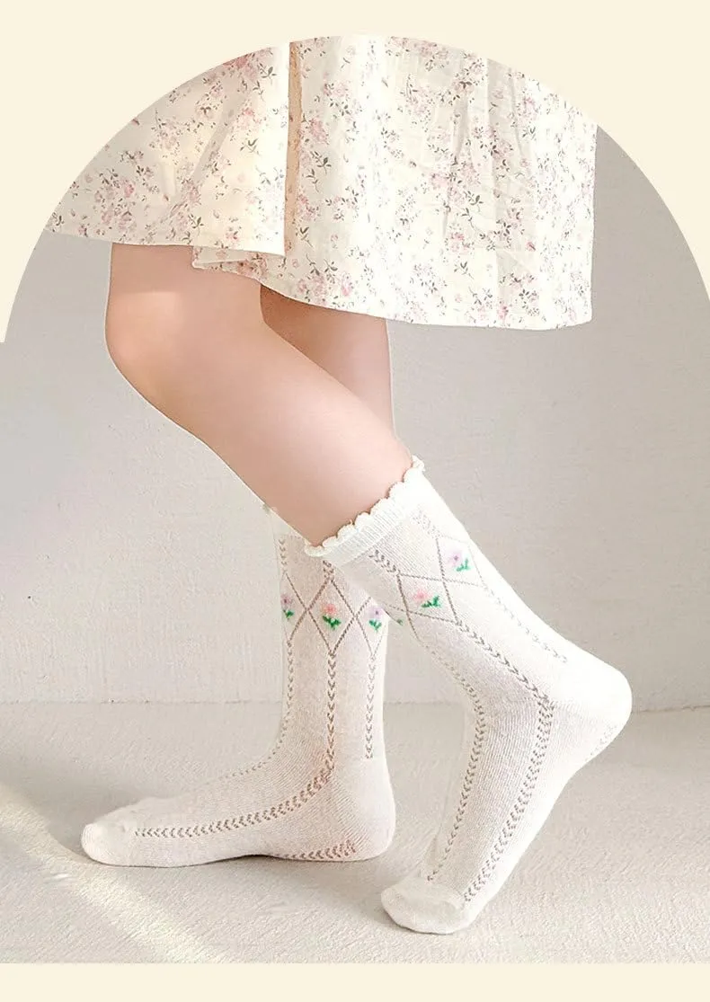 5 Pairs Lolita Kids Socks - Breathable Cotton Summer Socks for Girls - Cute Lace Trim, Anti-Slip