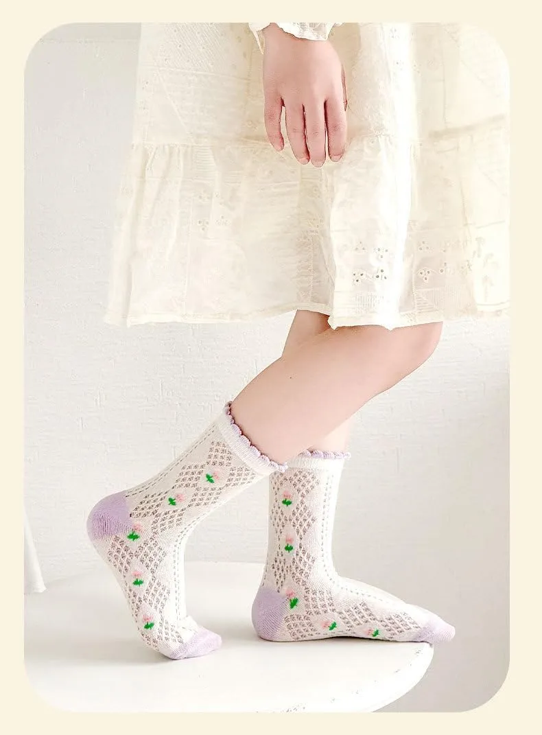 5 Pairs Lolita Kids Socks - Breathable Cotton Summer Socks for Girls - Cute Lace Trim, Anti-Slip