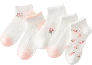 5 Pairs Lolita Kids Socks - Breathable Cotton Summer Socks for Girls - Cute Lace Trim, Anti-Slip
