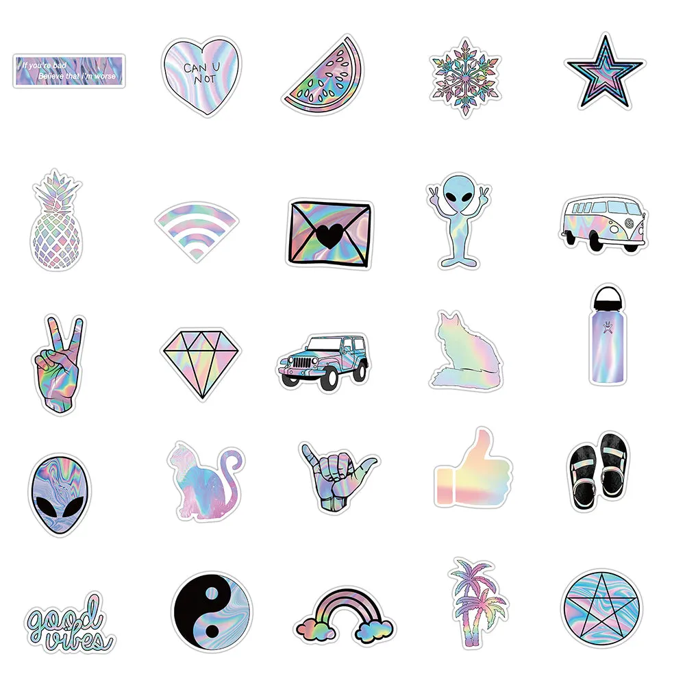 50PCS Mixed VSCO Holographic Laser Cartoon Stickers Luggage Skateboard Cute DIY Cool Graffiti Girl Gradient Sticker Decal