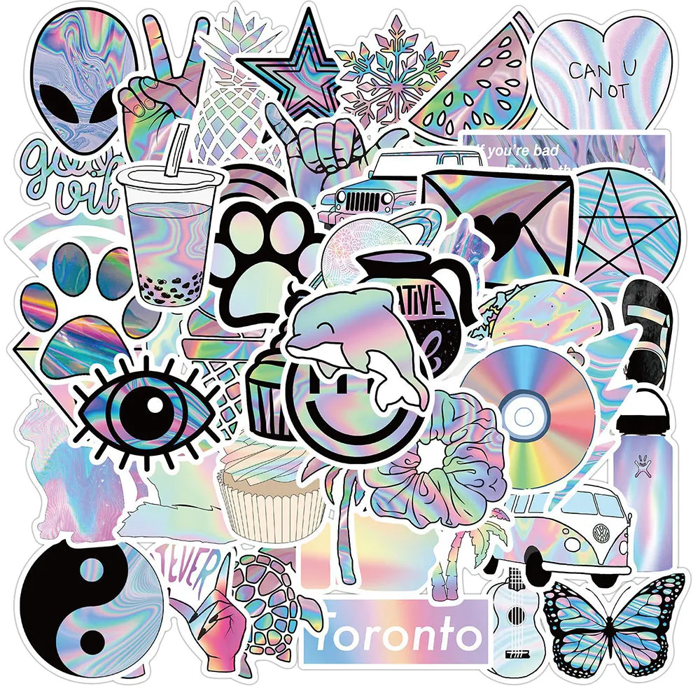 50PCS Mixed VSCO Holographic Laser Cartoon Stickers Luggage Skateboard Cute DIY Cool Graffiti Girl Gradient Sticker Decal