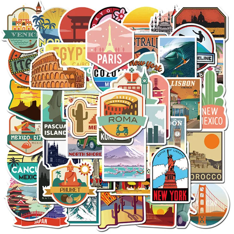 50pcs Travel City Landscape Cartoon Graffiti Sticker DIY Motorcycle Skateboard Notebook Suitcase Waterproof Sticker Decal