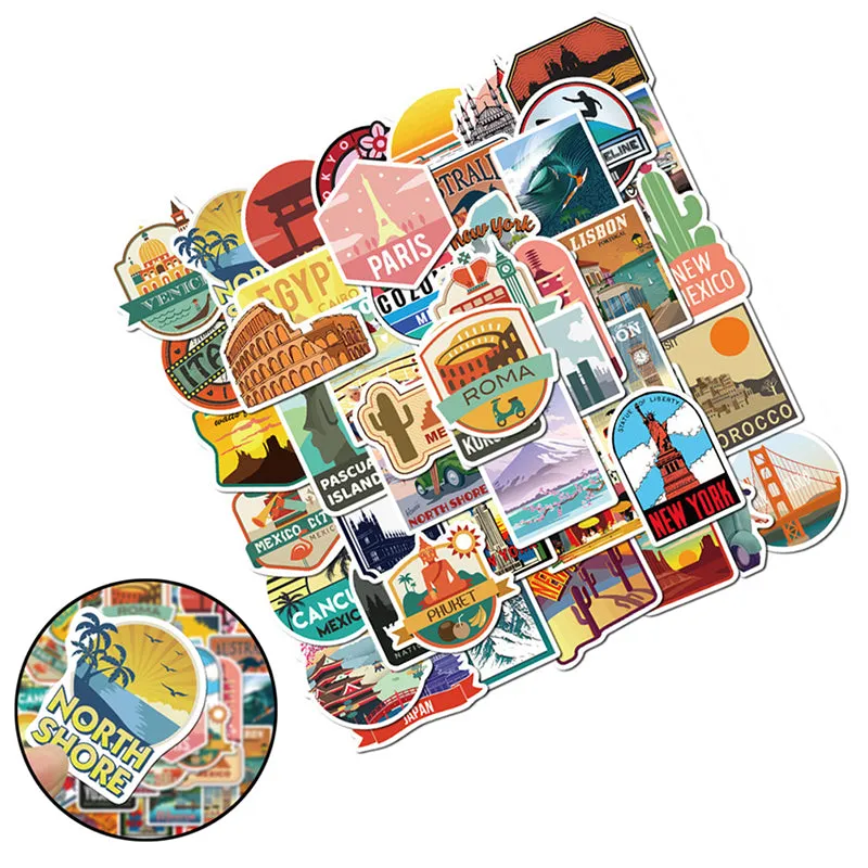 50pcs Travel City Landscape Cartoon Graffiti Sticker DIY Motorcycle Skateboard Notebook Suitcase Waterproof Sticker Decal