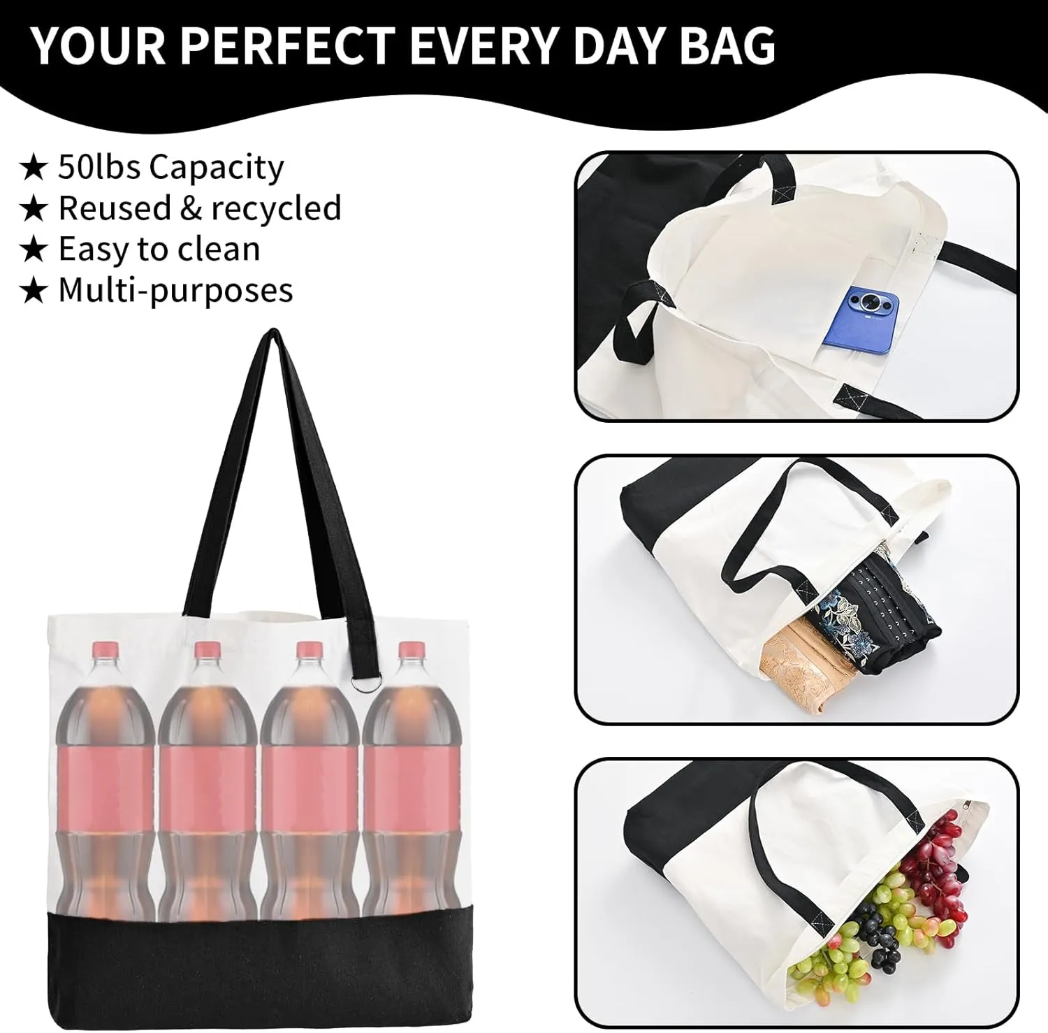 6 Pack Canvas Tote Bags with Zipper, Blank Reusable Grocery Bags, Widened Washable Bag with Inner Pocket, Shopping Travel Large Tote Bags for DIY Heat Transfer, Birthday Gifts, Mother's Day