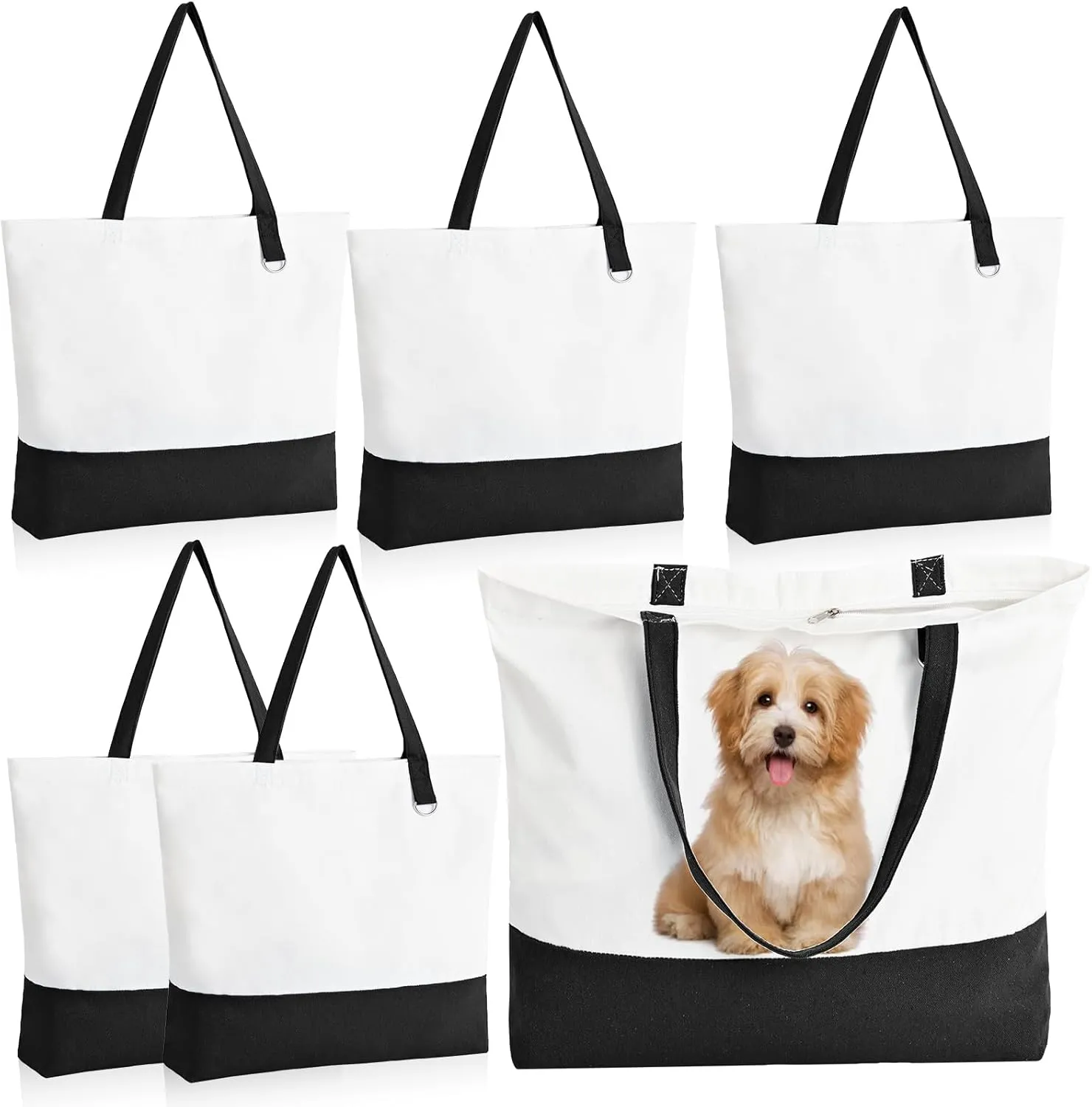 6 Pack Canvas Tote Bags with Zipper, Blank Reusable Grocery Bags, Widened Washable Bag with Inner Pocket, Shopping Travel Large Tote Bags for DIY Heat Transfer, Birthday Gifts, Mother's Day