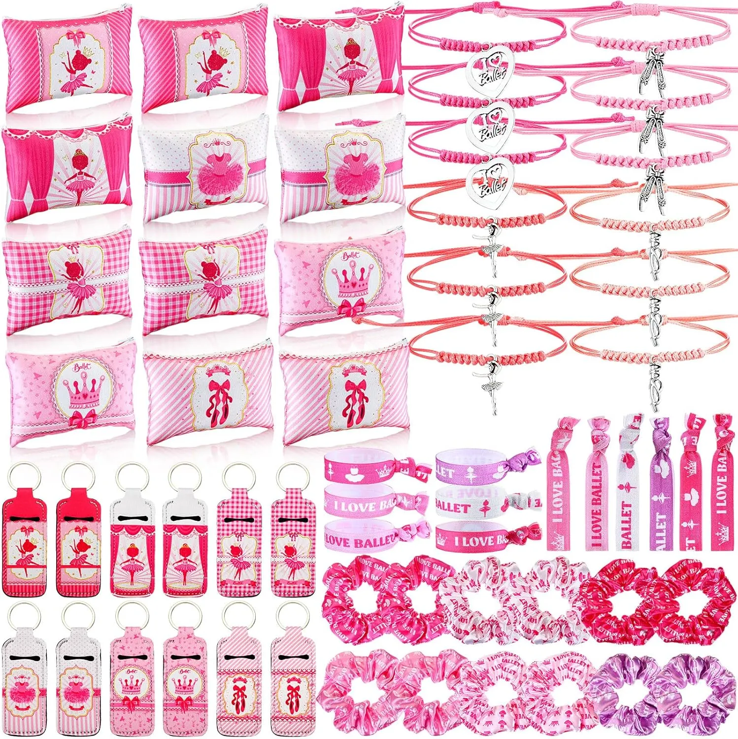 60 Pcs Ballerina Party Favors for Girls Include Ballet Dance Makeup Bags Adjustable Bracelets Hair Ties Keychains Elastic Scrunchies Ballet Party Gift Bulk for Dancers Competition Gifts