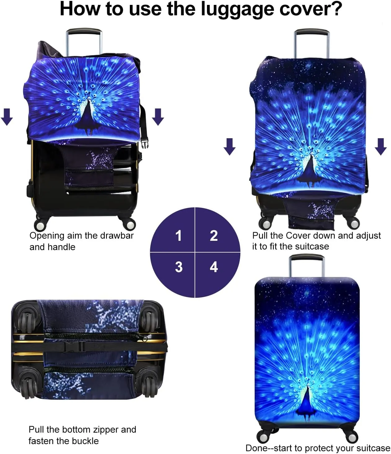 7-Mi Suitcase Cover 3D Print Design Travel Luggage Protector Trolley Case Cover 29"-30" Sleeve, BluePeacock