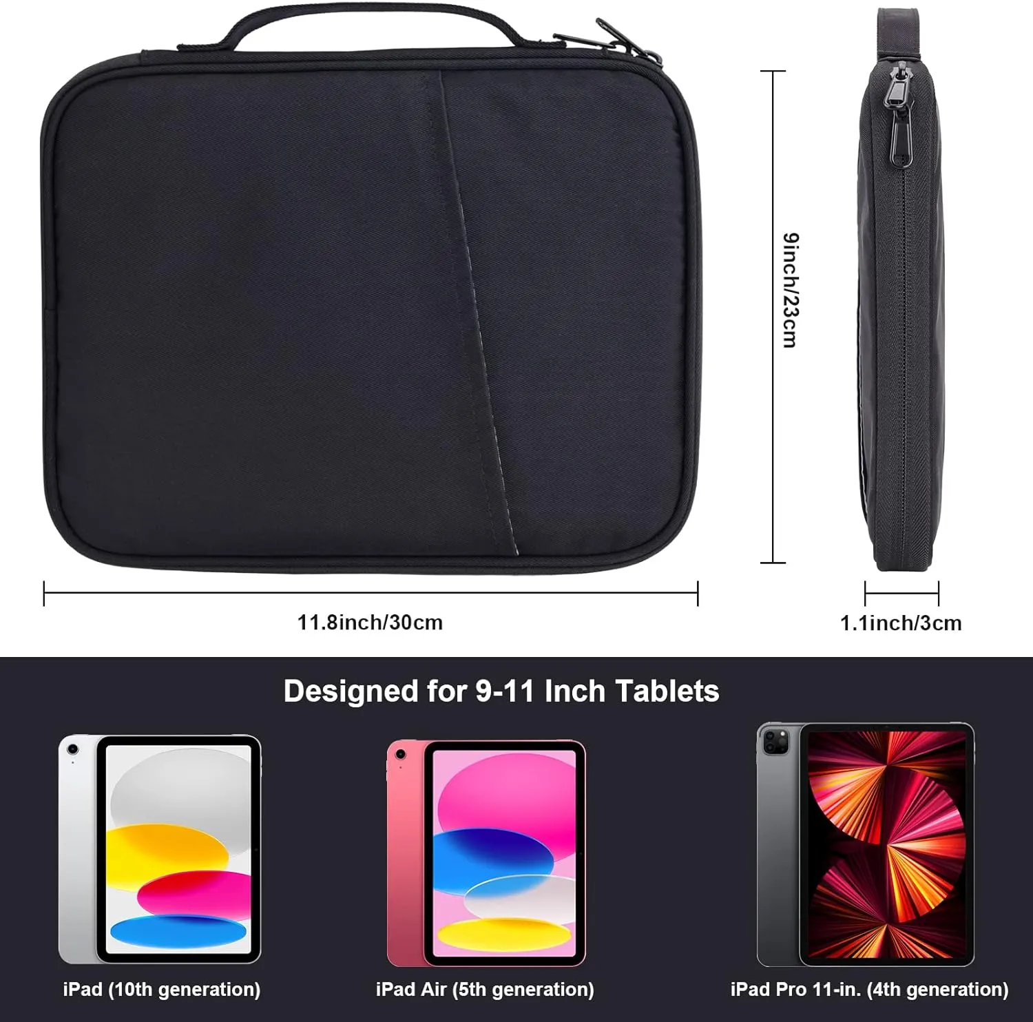 9-11 Inch iPad Carrying Case, Padded Travel Tablet Sleeve Bag for iPad Pro 11-in (M4), iPad 10.9 (10th Gen), iPad Air 11-in (M2), Galaxy Tab S9/S8 (Black-11)